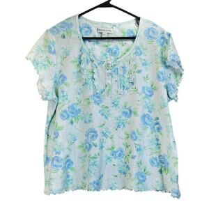 Miss Elaine Womens L White /Blue Floral Print Sleep Wear Set Cozy/Casual